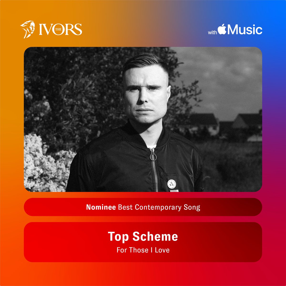 I've been nominated for Best Contemporary Song at the Ivor Novello Awards for Top Scheme. @IvorsAcademy As strange as it feels, I hold great pride in this, and seeing this kind of recognition for something I made in a shed is astounding. For my family, my friends, and for Paul.