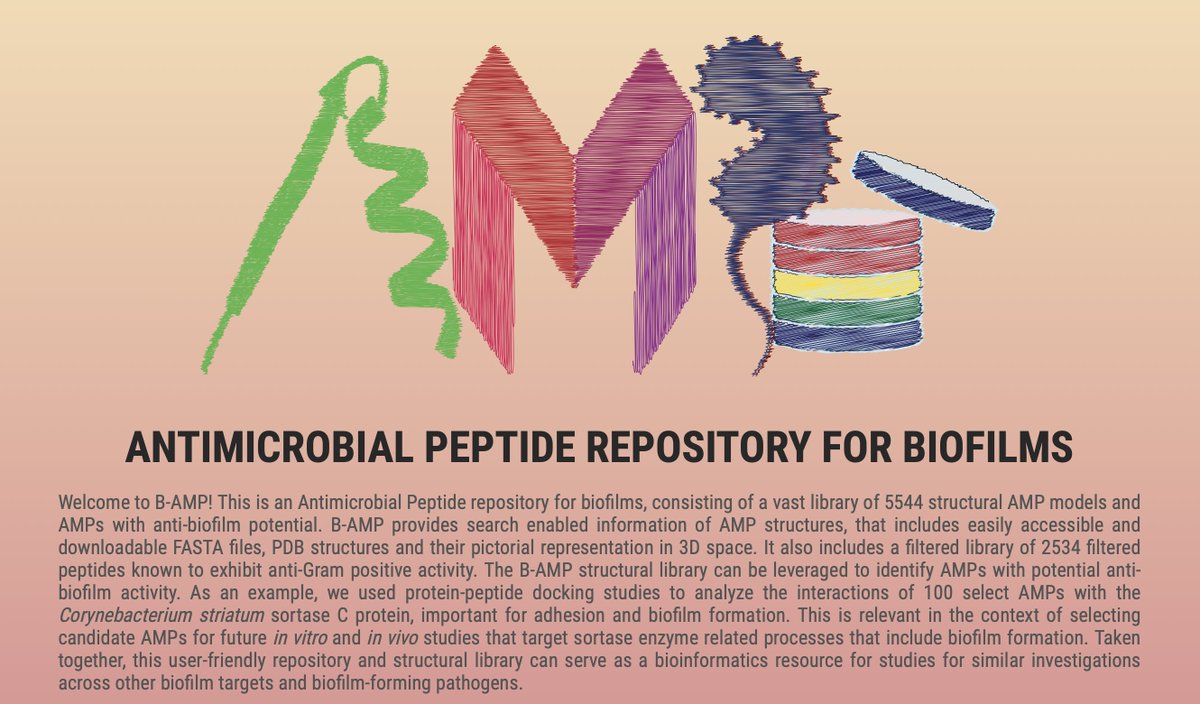 _KarishmaK's tweet photo. Biofilm-AMP (B-AMP) is a structural repository of antimicrobial peptides, with a special focus on AMPs with potential to target biofilms.
https://t.co/JnNLxFeJWh
Take a look, feedback welcome! https://t.co/hXxnzlLONg