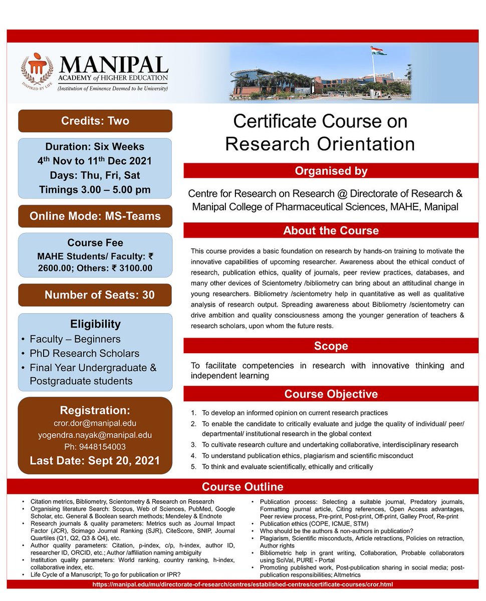 McopsM's tweet photo. Certificate course on Research Orientation is commencing from 4 Nov, 2021. Last date for registration is September 20, 2021. Hurry up! https://t.co/POlR2AI4Cv