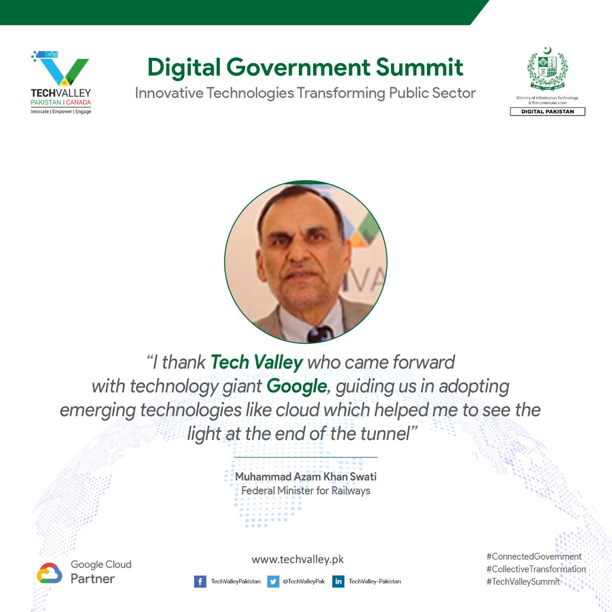TechValleyPak's tweet photo. Federal Minister for @RailwaysGovPk, Muhammad Azam Khan Swati thanked Tech Valley &amp; @Google at #DigitalGovernmentSummit for their continuous support in digitalizing Pakistan Railways.

Watch full event at: https://t.co/8VqSAkK3GJ

#ConnectedGovernment https://t.co/TFsL3p7HMN