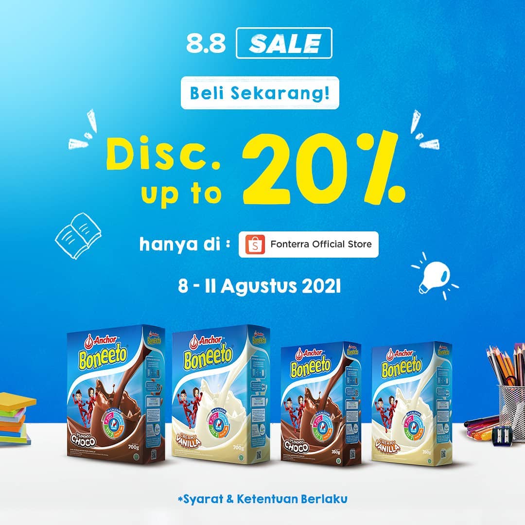 BoneetoID's tweet photo. Serunya Promo Shopee 8.8 ada lagi nih Mommy.
Disc up to 20% setiap pembelian susu Anchor Boneeto di Shopee, dari tgl 8 - 11 Agustus.

Jangan sampai kelewatan ya Mommy.

#Boneeto #BebaskanHebatnya #Promosusu #PromoBoneeto #Susupertumbuhan #SusuAnak

#Promodiskon https://t.co/6GMwZes0OW
