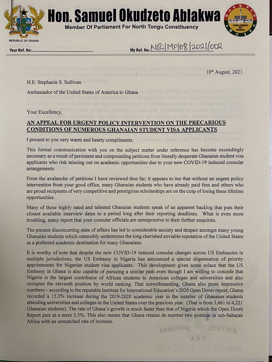 S_OkudzetoAblak's tweet photo. Sharing a copy of the appeal I dispatched to US Ambassador H.E. Stephanie Sullivan this morning. 

I hope and pray @USEmbassyGhana intervenes quickly to address the plight of Ghanaian students. https://t.co/r4uPa0k10f