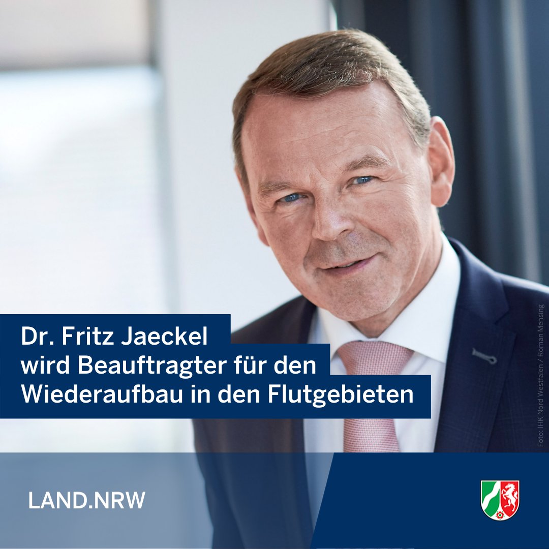 Ministerpräsident <a href="/ArminLaschet/">Armin Laschet</a> hat Dr. Fritz Jaeckel zum Beauftragten für den Wiederaufbau in den Flutgebieten ernannt. Der erfahrene Krisenmanager soll Betroffene und die Verwaltung vor Ort bei der Lösung von Problemen unterstützen. Alle Infos: land.nrw/de/pressemitte…