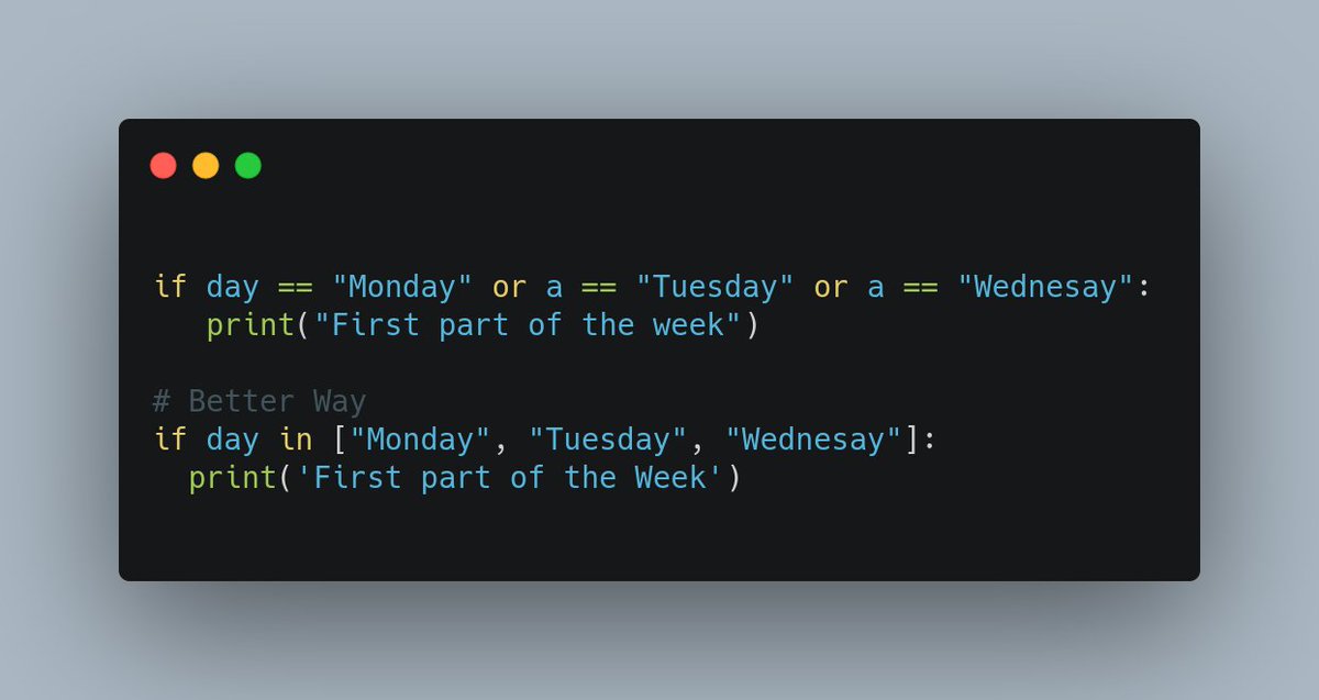 kevindegila's tweet image. Petite astuce Python : Quand vous vous retrouvez à faire une condition avec plusieurs "or", pensez à mettre le tout dans une liste et utilisez le mot clé "in".
C'est non seulement plus lisible, mais aussi rapide à l'execution.
#pythontips #goodcode