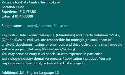 denovosoftsol's tweet photo. #denovojobs #denovo
Vacancy for-Data Centric testing-Lead
Location-Pune
Experience-5-8 YEARS
External ID-1668808

Send resume – career@denovosoftsol.com
#DataCentrictesting #oracledatabase #oracle #oracledata #oracleconsultant #oraclejobs #programming #seniordeveloper https://t.co/wZ8JS71NlF