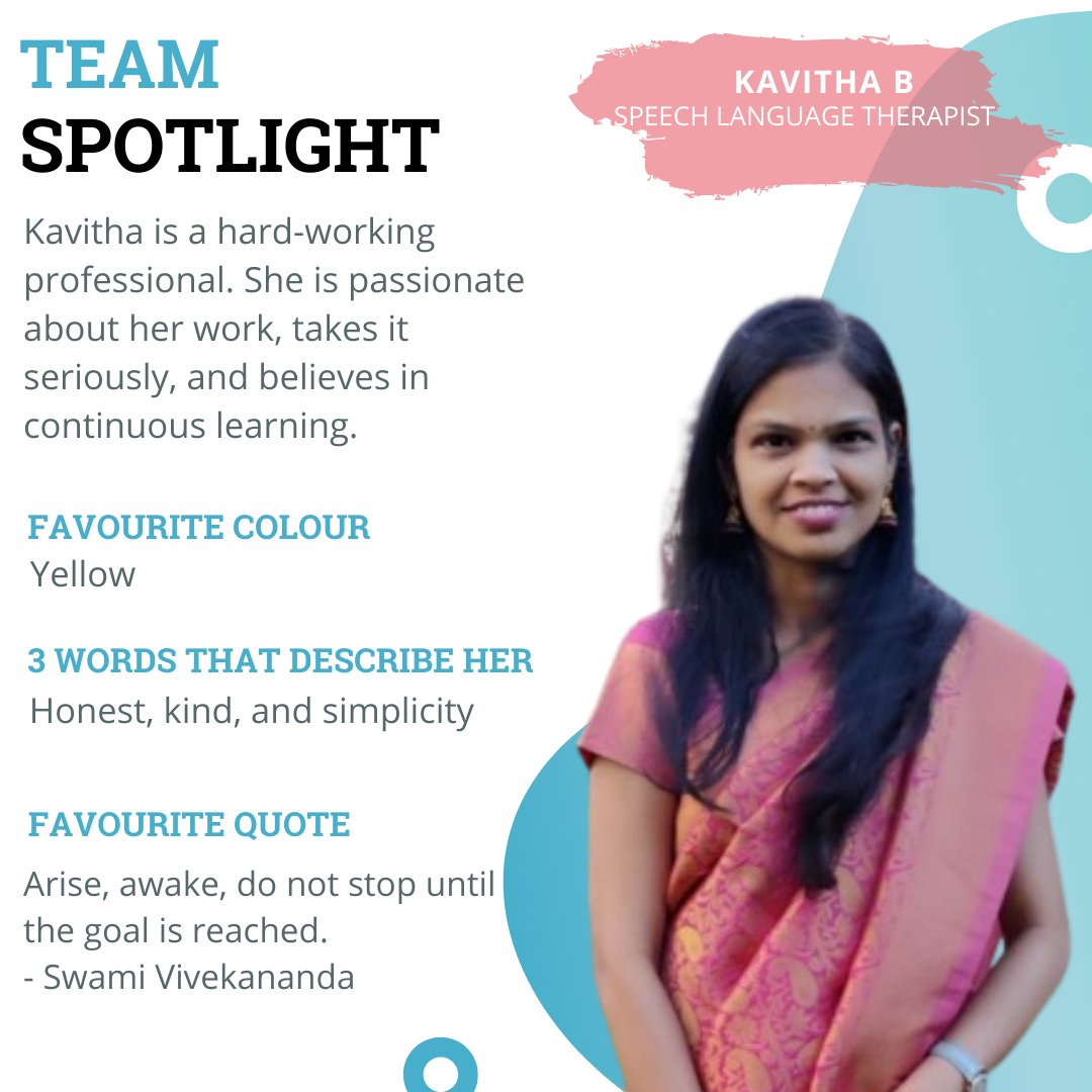 1specialplace's tweet photo. 💡Team Spotlight: KAVITHA B (Speech Language Therapist at 1SpecialPlace).
.
✨Here comes another member of #TeamSpotlight
.
#speechtherapyteam #indiaspeechtherapy #slpsgodigital #teletherapyslp #teleslpeeps #teleslpindia #telespeechtherapy #telepractice https://t.co/dOnTvHtFY4