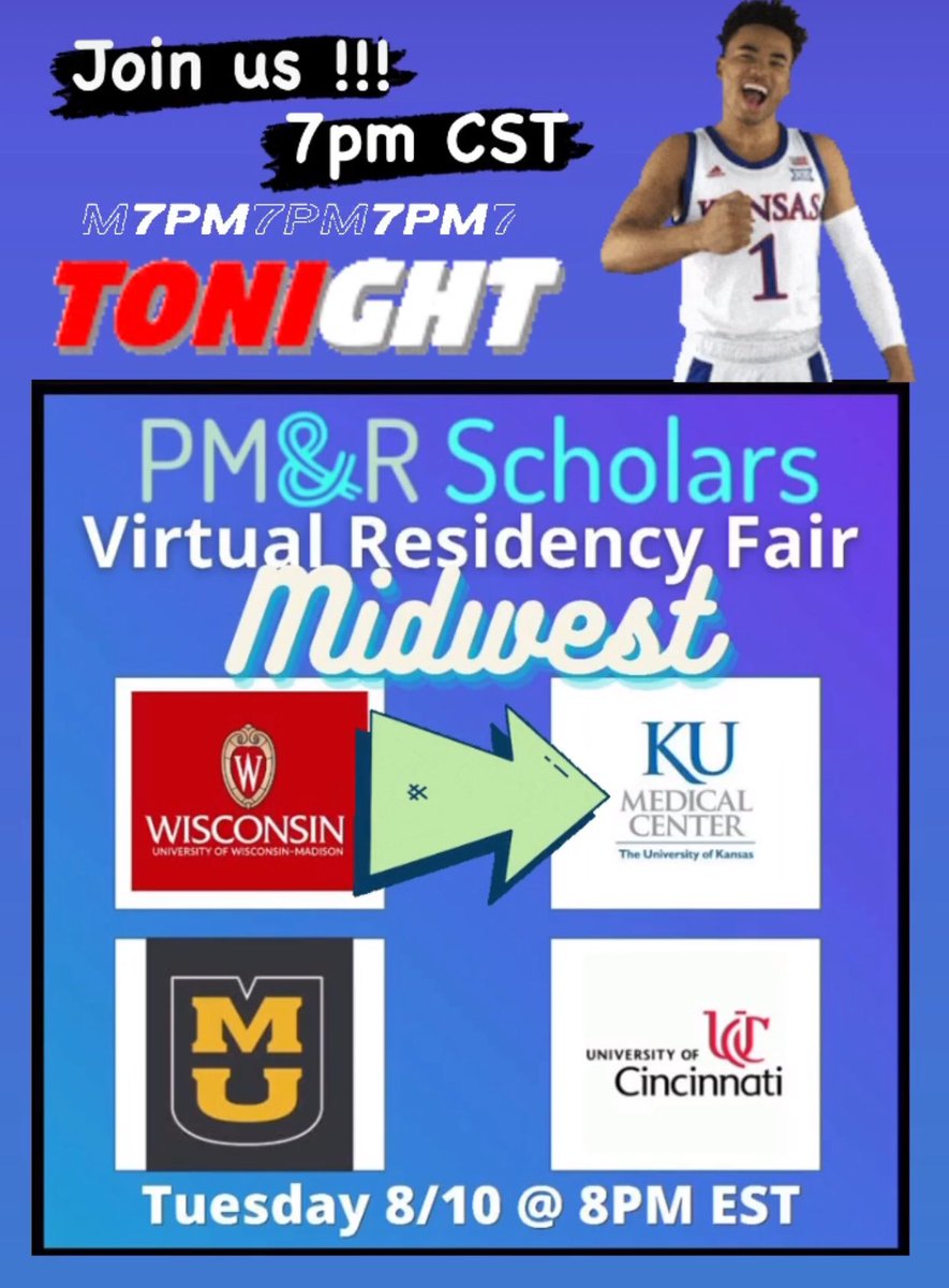 KU_PMR's tweet photo. Join us TONIGHT for the @PmrScholars Virtual Residency Fair at 8pm EST, 7CST. 📧 DM @PmrScholars if you need the link, or visit https://t.co/aMTSZzrBlx @AAPhysiatrists @AAPhysiatry_RFC @AAPhysiatry_MSC @physiatrynow @FoamPMR @PMRrecap #Kansas #Residency #Match2022 #Physiatry https://t.co/dn4H3kerjy