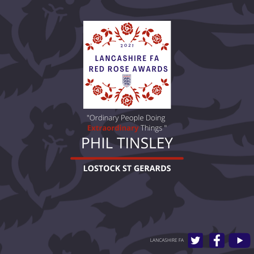 LancashireFA's tweet photo. RED ROSES | Today, we're going to be announcing a further two Red Rose Award Winners! 🏆

The first winner is... Phil Tinsley (@LSGFC) 🎉

Well done, Phil! 🥳

➡️ https://t.co/TwZZoIxJ5T https://t.co/CEtCfYp8ce