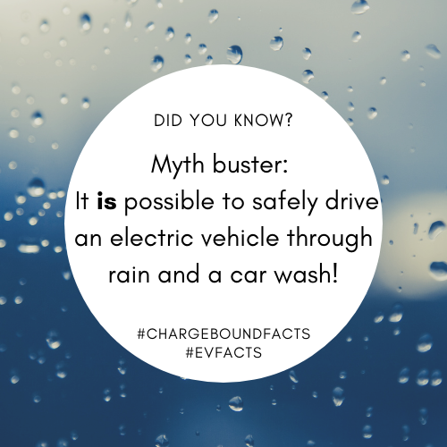 ChargeBound's tweet photo. Despite electricity ⚡ and water 💧 not being able to mix under most normal circumstances, it is possible to drive an electric vehicle in rainy ☔conditions (typical of the UK) or through a car wash! 
#factoftheweek #electricvehicle #ChargeBound #EVcharging #mythbuster https://t.co/rQCGaAi3hT