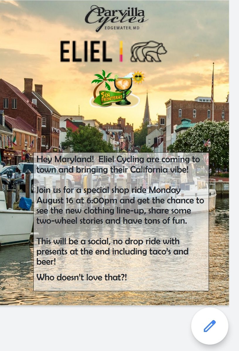 Parvilla Cycles (@parvillacycles) on Twitter photo A social Monday ride with <a href="/ElielCycling/">Eliel Cycling</a> ? With beer and tacos? Sure thing....Mon Aug 16th A social Monday ride with <a href="/ElielCycling/">Eliel Cycling</a> ? With beer and tacos? Sure thing....Mon Aug 16th
