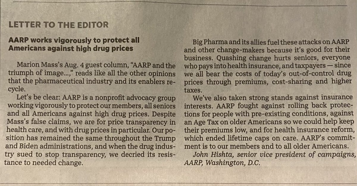 My recent Op Ed got the attention of @AARP HQ in Washington DC. Here in rebuttal they state I am fueled by Big Pharma. Let me be clear I take no 💰 to advocate. I am fueled by the need to create an affordable sustainable medical landscape.