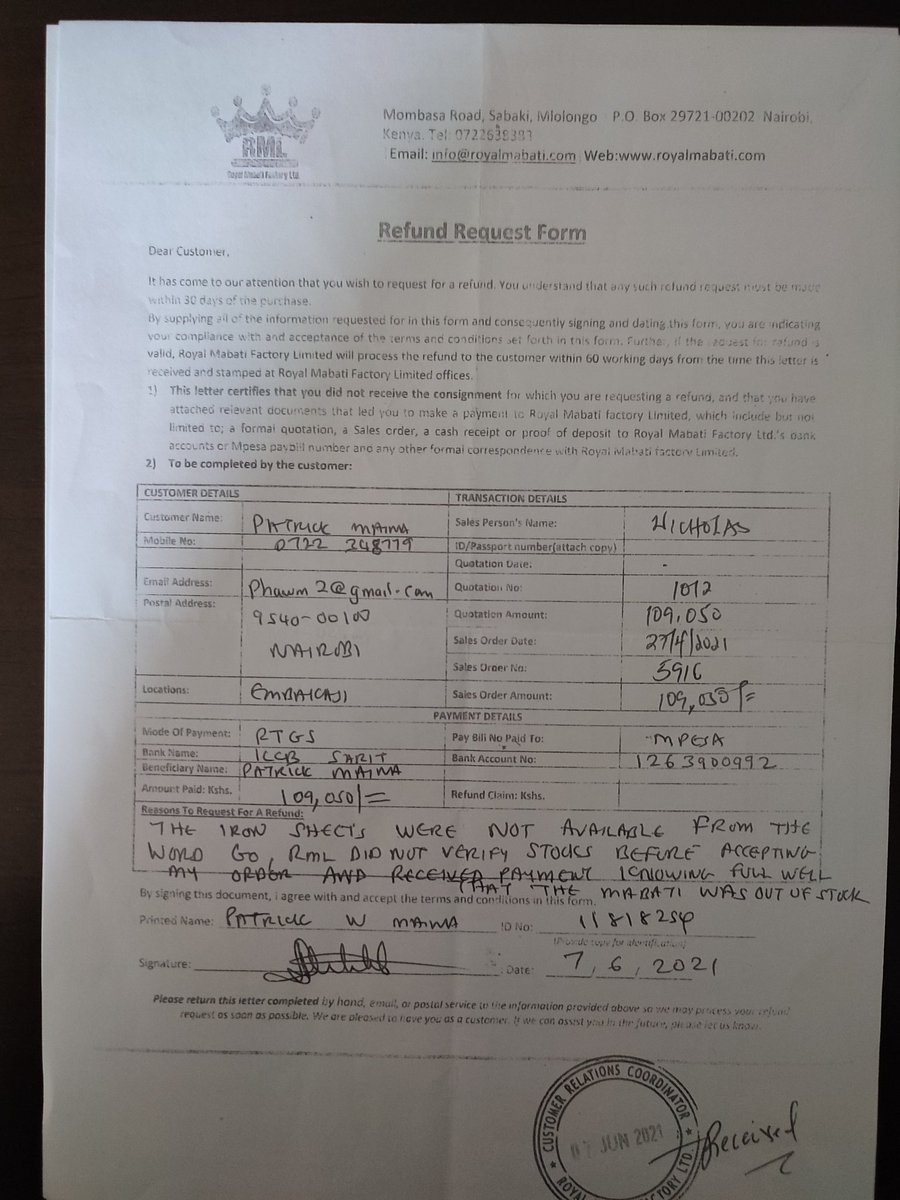 Phawm's tweet photo. @RoyalMabati I placed an order on behalf of a church in April, after payment..excuses  no raw materials..for 6 wks, I asked for a refund, it is now 2 months since ,with unanswered calls and a rude CS manager Isaac. Can I get my money back!! #KOT,@RobertAlai ,@kot,#Royalmabati, https://t.co/kWP5byUYp7