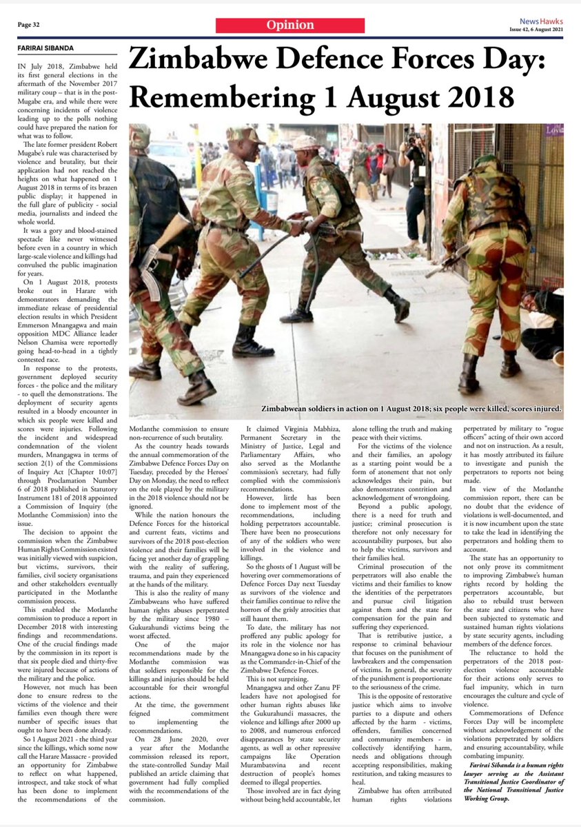 NewsHawksLive's tweet image. #ZimbabweDefenceForcesDay
While Zimbabweans celebrate and  commemorate Defence Forces Day today, people must not forget some of the grisly excesses or atrocities that have been perpetrated the army, particularly the Harare Massacre on 1 August 2018; not forgetting other killings.