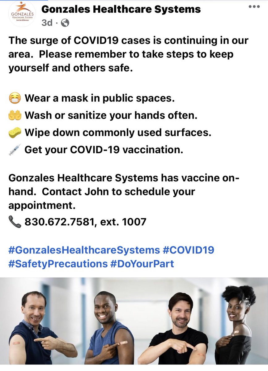 DScheske's tweet photo. Gonzales Healthcare Systems has vaccines on-hand.  Contact John to schedule your appointment.  
📞 830.672.7581, ext. 1007

#GonzalesHealthcareSystems #COVID19 #SafetyPrecautions #DoYourPart https://t.co/zgfOhRIQcU