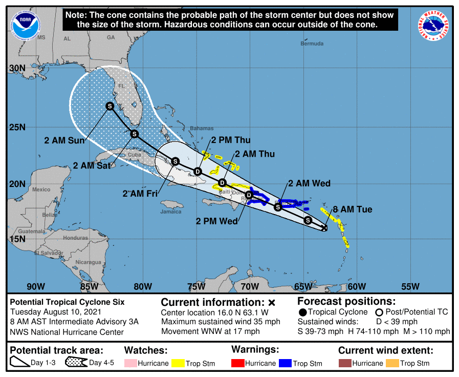 FoxEbenBrown's tweet photo. #PotentialTropicalCyclone_Six 8am Track Map. Storm Warnings up in #PuertoRico #PR #USVirginIslands #USVI. #fnr https://t.co/3QW4cHCHKx
