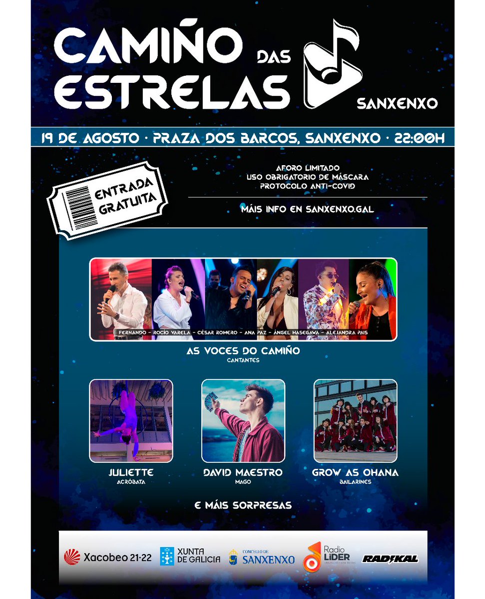 celmapro's tweet photo. Disfruta de #culturasegura co @caminoestrelas
Un Espectáculo Familiar, con Maxia, Coreografías, Acrobacias e Tributos con Grandes Voces en Directo! 

Próxima parada no camiño:
📅 19/08
📍 Sanxenxo - Praza dos Barcos
🕙 22:00
🎫 Entrada gratuita - Ata completar aforo https://t.co/mCy08A0gkC