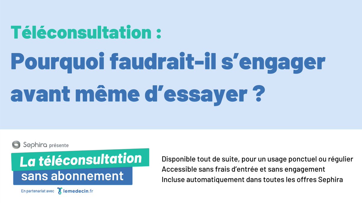 Aujourd’hui la #téléconsultation est ​​incluse automatiquement dans toutes les offres <a href="/groupesephira/">Sephira</a> , disponible tout de suite pour un usage ponctuel ou régulier, accessible sans frais d’entrée et sans engagement. 
Infos ici : swll.to/CpsNDz

 #esante #télémédecine