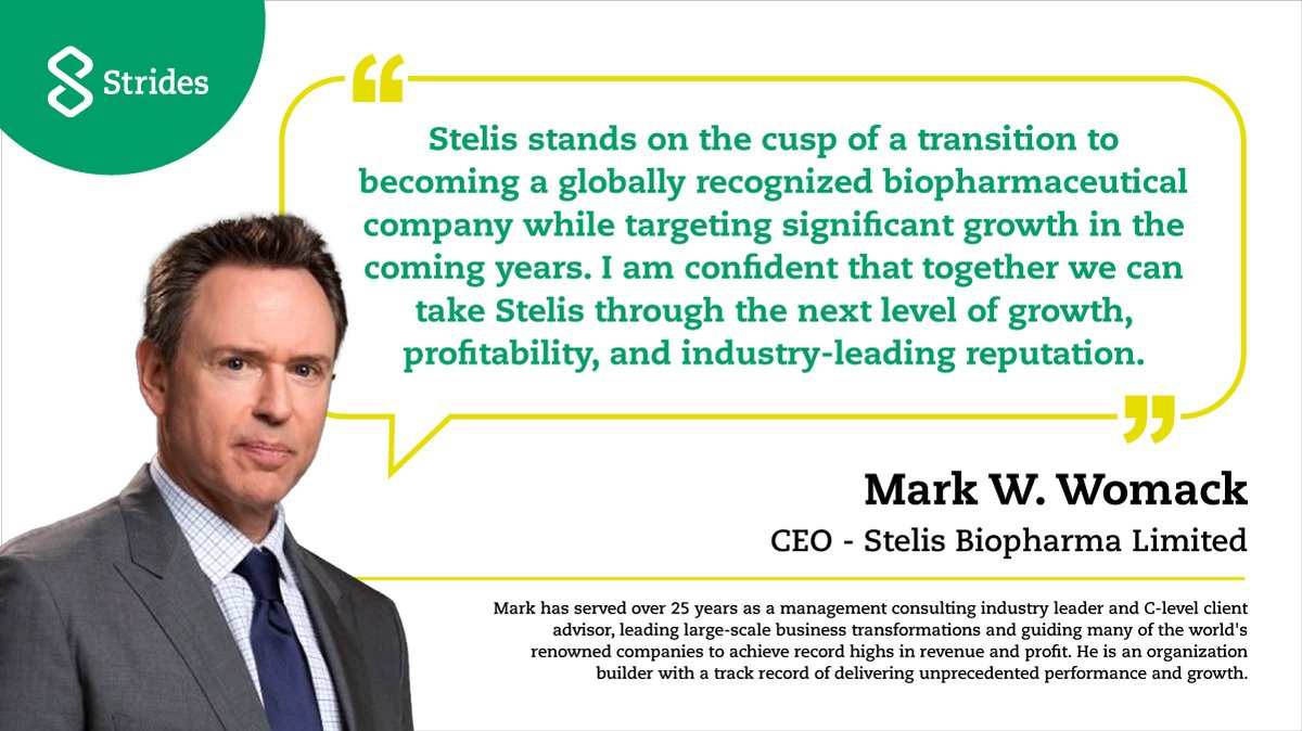 strides_pharma's tweet photo. We are thrilled about the joining of #StelisBiopharmaLimited’s new CEO - Mark W. Womack. Mark will provide strong leadership to drive an aggressive growth and profitability strategy for @StelisBiosource in its business streams.
#StrategyAtPlay #OneStrides https://t.co/NjjxXW9Kv5