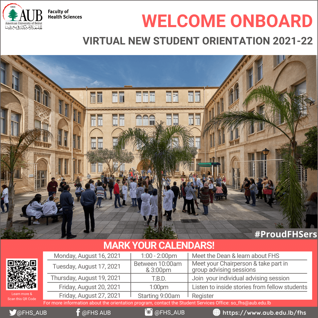 FHS_AUB's tweet photo. Are you a new student? Ready to be an #FHSer? Join the Virtual New Student Orientation & meet FHS Dean on August 16. Do not forget to attend the #FHS faculty orientation & individual advising sessions on August 16-19. For more info, visit: https://t.co/74cBMsTKhj
#ProudFHSers https://t.co/gM8Wp2bw1S