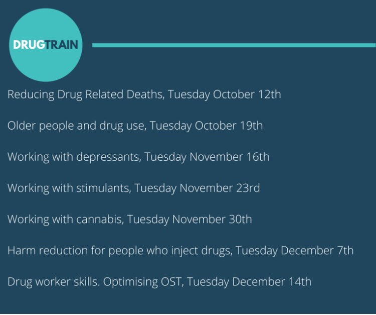 Drugtrain1's tweet image. Our Autumn program of multi agency open courses is now live. 

Delivered  via Zoom these full day courses support participants to work more effectively with people who use drugs.

All our online courses are £55 per person,

For further information admin@drugtrain.co.uk