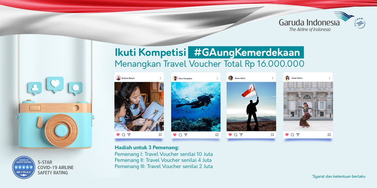 Siapa yang ingin dapatkan Travel Voucher total senilai 16 Juta Rupiah? Garuda Indonesia mengadakan kompetisi untuk menyambut #HUTRI76 🇮🇩

Unggah foto di Instagram Feed pribadi Anda yang menggambarkan seberapa Indonesiakah Anda?