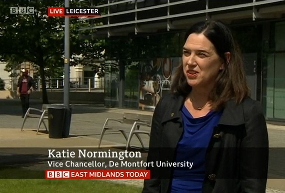 dmuleicester's tweet photo. Our Vice-Chancellor Professor Katie Normington talks to @bbcemt on their lunchtime news about DMU and #Clearing #Alevelresultsday2021 Watch here from 3m30s 👉 https://t.co/ED0VNVif7f and see more on the 6.30pm news #YourDMUFuture https://t.co/NwCNsAQ2Dh