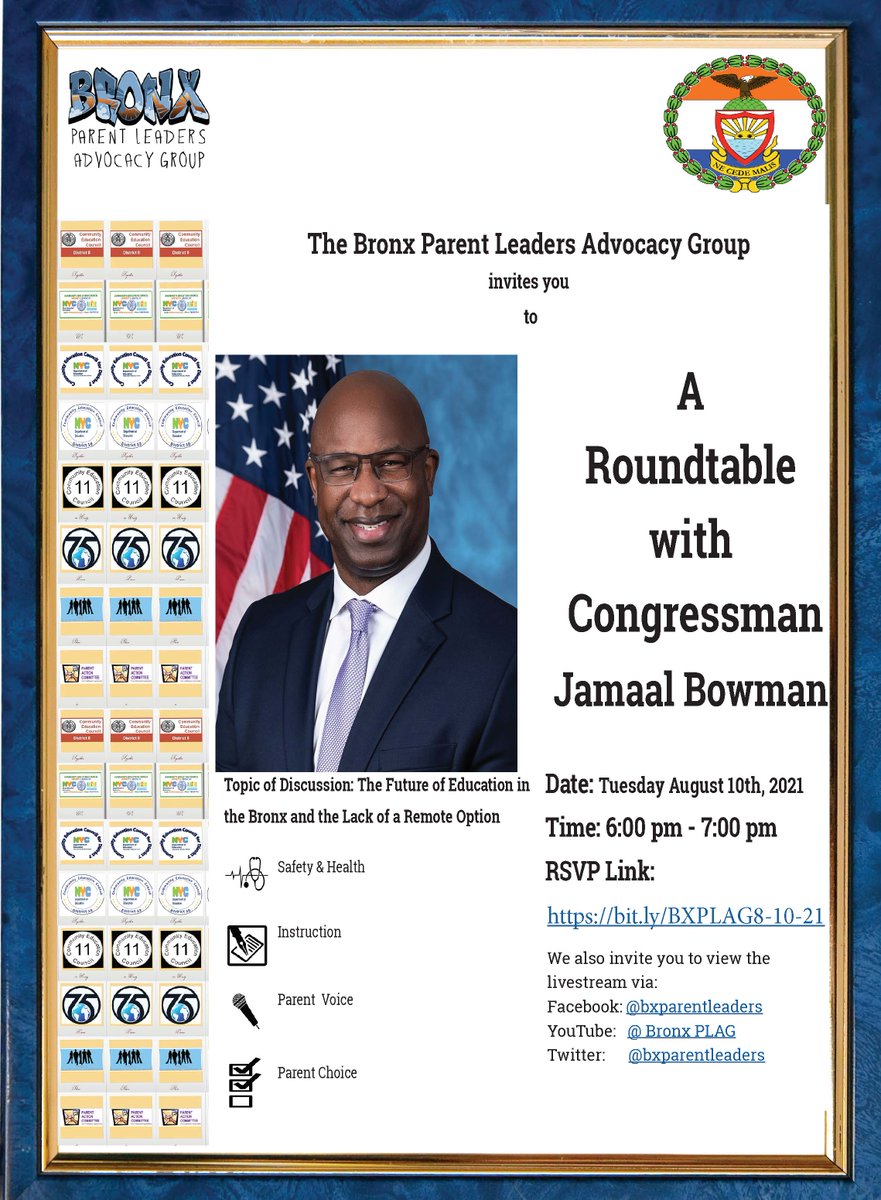 <a href="/bxparentleaders/">Bronx Parent Leaders Advocacy Group</a>  invites you to a Roundtable discussion with Congressman @JamaalBowmanNY today at 6pm. 
Topic of Discussion: The Future of Education in the Bronx and the Lack of a Remote Option

Watch live on
Twitter
Bronx Parent Leaders Advocacy Group
x.com/bxparentleaders