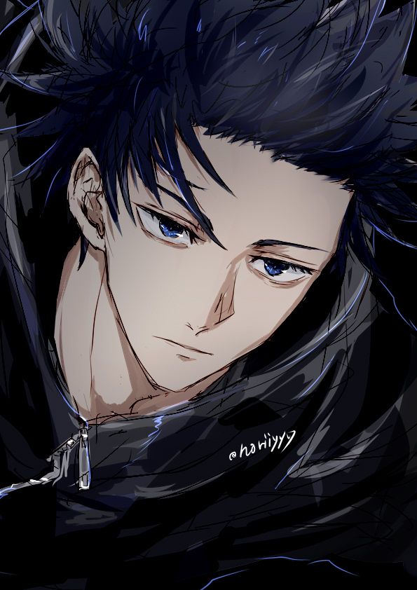 1boy solo male focus blue eyes black hair zipper closed mouth  illustration images