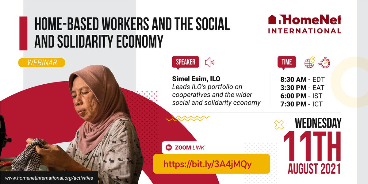 Happening Tomorrow! Join HNI's 'Home-based Workers and the Social and Solidarity Economy Webinar' 
📅 Wednesday 11 Aug
🎙 Speaker: Simel Esim, ILO
Leads ILO’s portfolio on cooperatives and the wider social and solidarity economy
homenetinternational.org/event/home-bas…