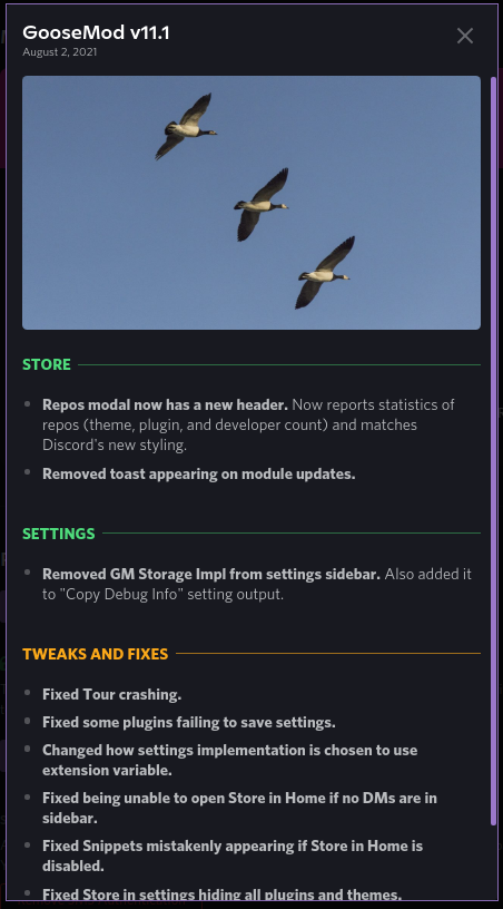 Goose_Mod's tweet photo. GooseMod v11.1 is now out! Plenty of fixes, tweaks, and general polish. Have fun! https://t.co/030ZMDNbDG