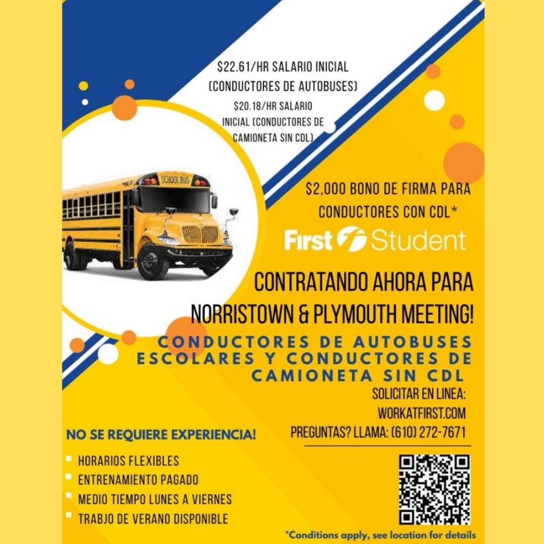 NASD_Operations's tweet photo. Our transportation partners, @firststudentinc is hiring drivers!!! Get a $2000 bonus.  Go to the QR code or call (610) 272-7671 for more information. 

#NASDProud #FirstStudent #BeTheLeader #Job #CDLdriver #NonCDL #norristown https://t.co/U8sCXKEdHj