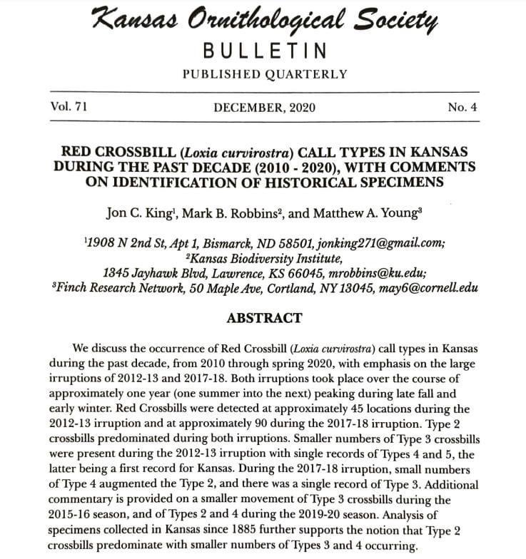 Crossbill Call Types in Kansas
A great honor to be publishing with the likes of Mark Robbins and Jon King!