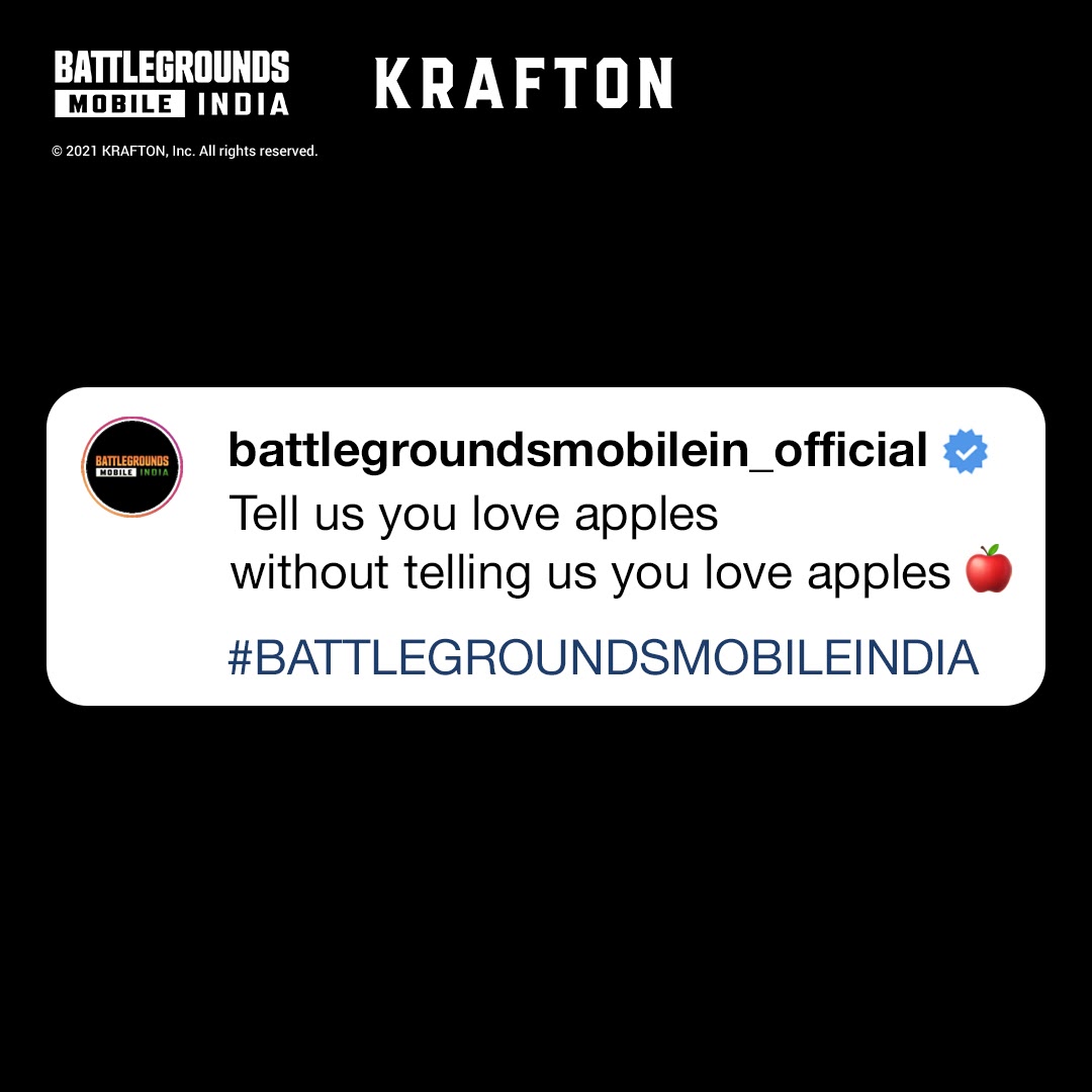 BattleGroundsmi's tweet photo. Comment and let us know your love for apples. 🍎

#BATTLEGROUNDSMOBILEINDIA #INDIAKAGAME #INDIAKABATTLEGROUNDS #BGMI #BattleGroundmobileIndia https://t.co/80IJwMvWHX