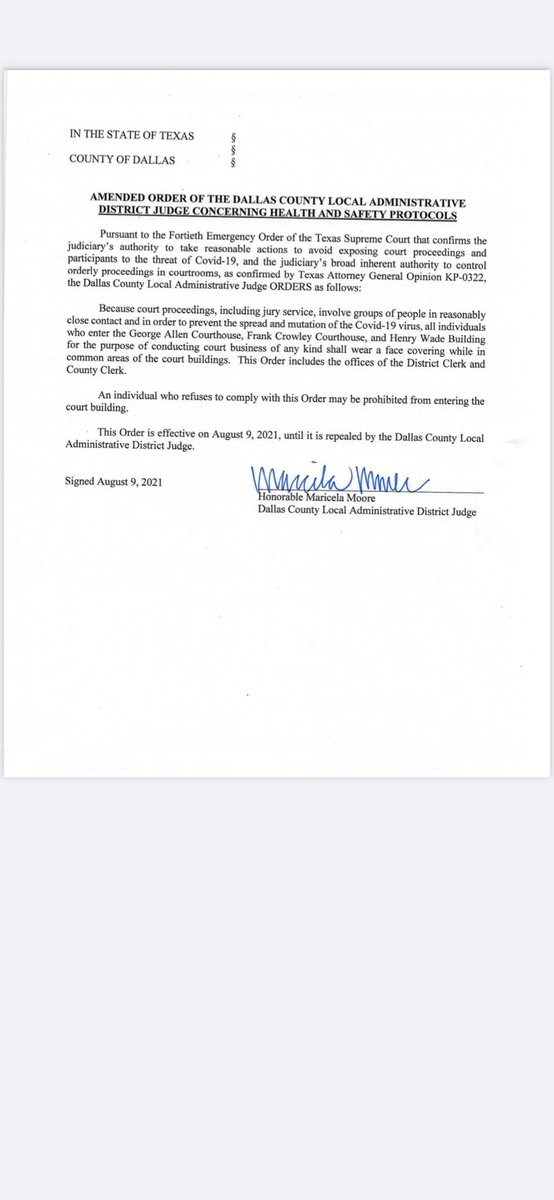 Marimoore162's tweet photo. Dallas County LADJ Health and Safety Order has been amended to include the clerks offices. Masks must be worn in all areas of the courthouses at all times. Let’s beat this virus together. https://t.co/v5y3QZUZtM