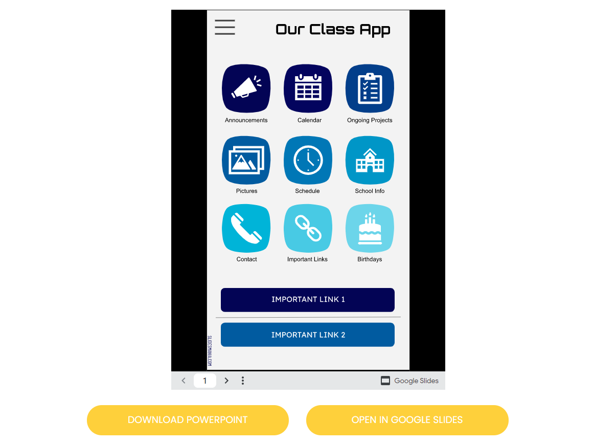 What if your class had its own app???

Use this Google Slides template to recreate the experience!
👉🏻Post announcements, important links, etc.
👉🏻Embed in class website or link from LMS
👉🏻Update quickly on the fly

Template via <a href="/SlidesManiaSM/">SlidesMania 💛</a>: slidesmania.com/smartphone-app… #DitchBook