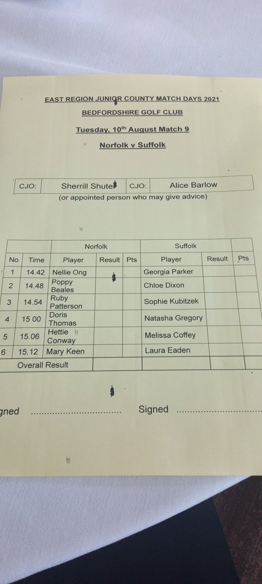 slcgagolf's tweet photo. Day 2 PM Vs Norfolk
 Match Sheet. 
Good luck girls! 
#GoSuffolk https://t.co/zyzAsvQaf5