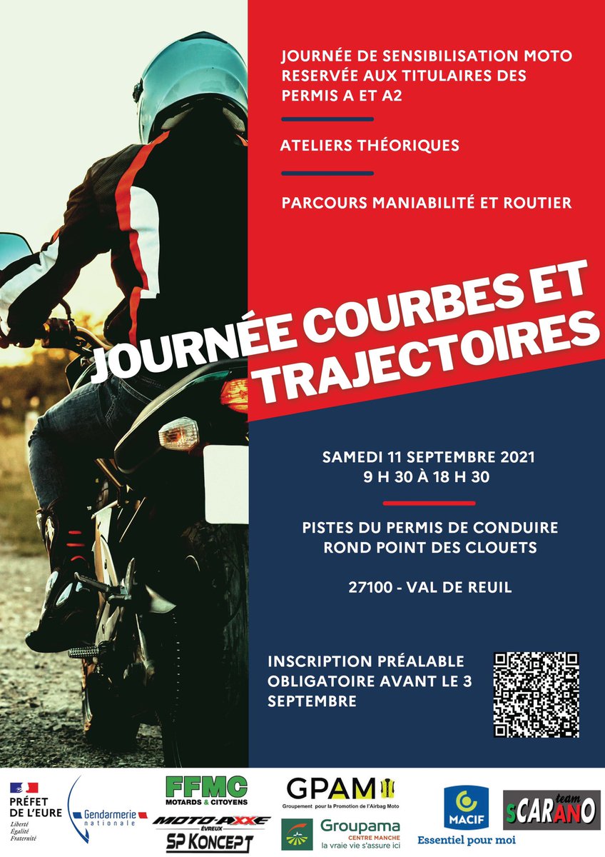 Prefet27's tweet image. 🏍 Le samedi 11 septembre, participez à la journée #courbes et #trajectoires.

Sensibilisation, ateliers, parcours...

Une journée placée sous le signe de la #securiteroutiere et réservée aux #motards. 

⚠️ Inscription obligatoire jusqu’au 3 septembre : eure.gouv.fr/Politiques-pub…