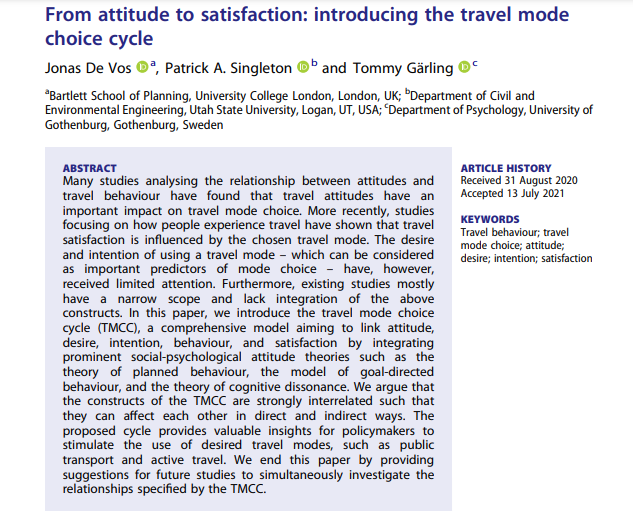DV_Jonas's tweet image. In this study with @singletonpa and Tommy Gärling, we introduce the "travel mode choice cycle". We hope this cycle can provide insights into the mode choice process and how to stimulate active modes and PT.

Open access at: tandfonline.com/doi/full/10.10…
