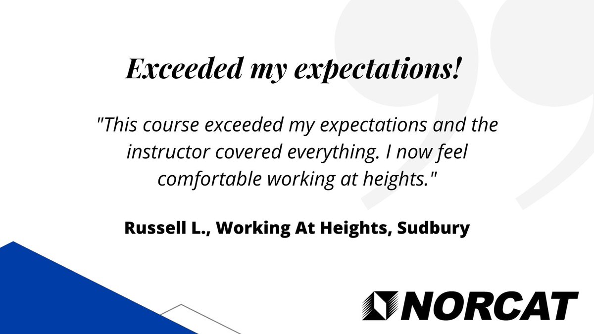 #TestimonialTuesday: Russell L. shared this testimonial after taking #WorkingAtHeights in #Sudbury.

“This course exceeded my expectations and the instructor covered everything. I now feel comfortable working at heights.”