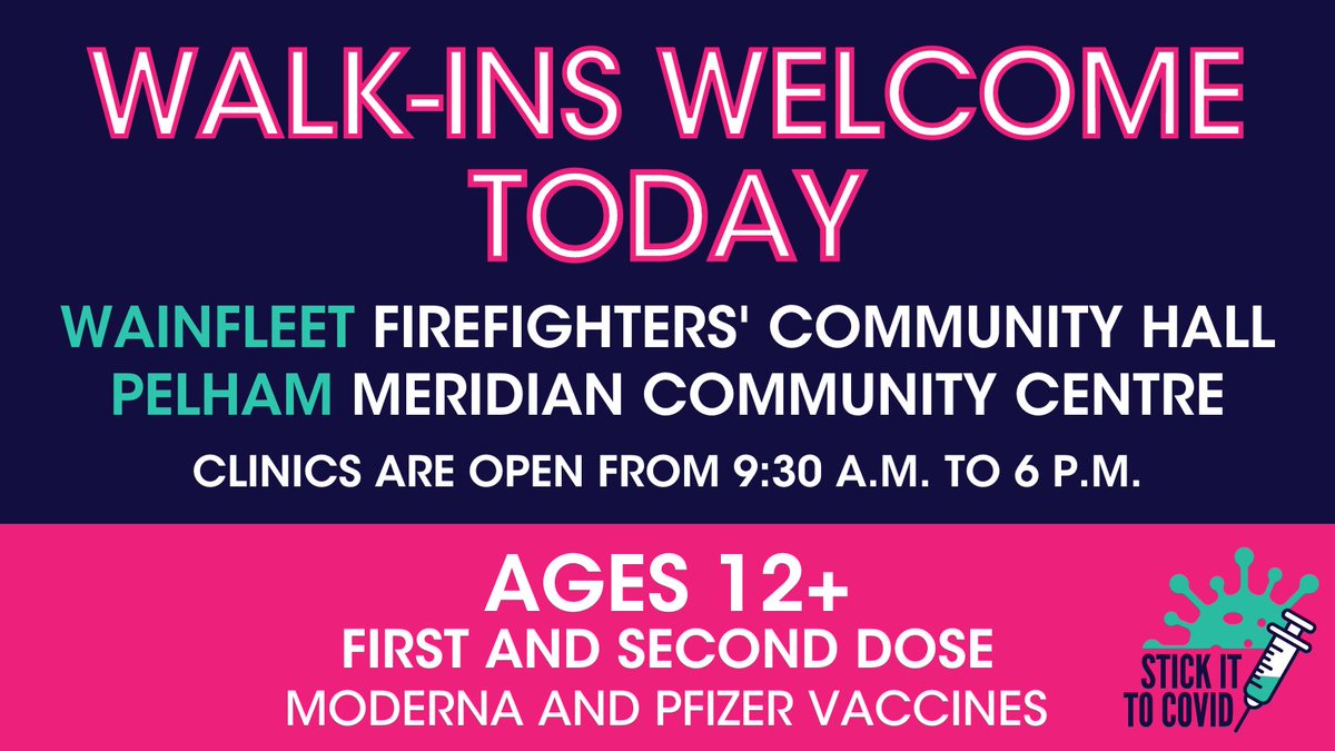TODAY! Walk-ins welcome at our COVID-19 vaccine clinics in #Wainfleet &amp; #Pelham. Tell your friends and family 💬
✅ Anyone age 12+
✅ 1ST &amp; 2ND dose
✅ Moderna &amp; Pfizer vaccines available
✅ No appointment or health card needed
✅ Help end the pandemic
niagararegion.ca/covid-vaccine