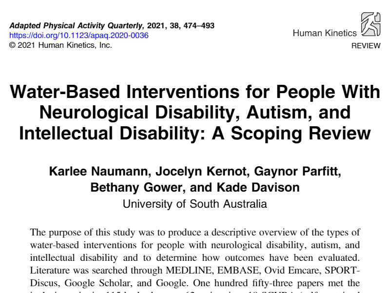 Human_Kinetics's tweet photo. Read the latest research from Adapted Physical Activity Quarterly! Water-Based Interventions for People With Neurological Disability, Autism, and Intellectual Disability: A Scoping Review https://t.co/fDf2P2z6Px #autismspectrumdisorder #intellectualdisability #adaptedPA https://t.co/Kq9lod5YT5