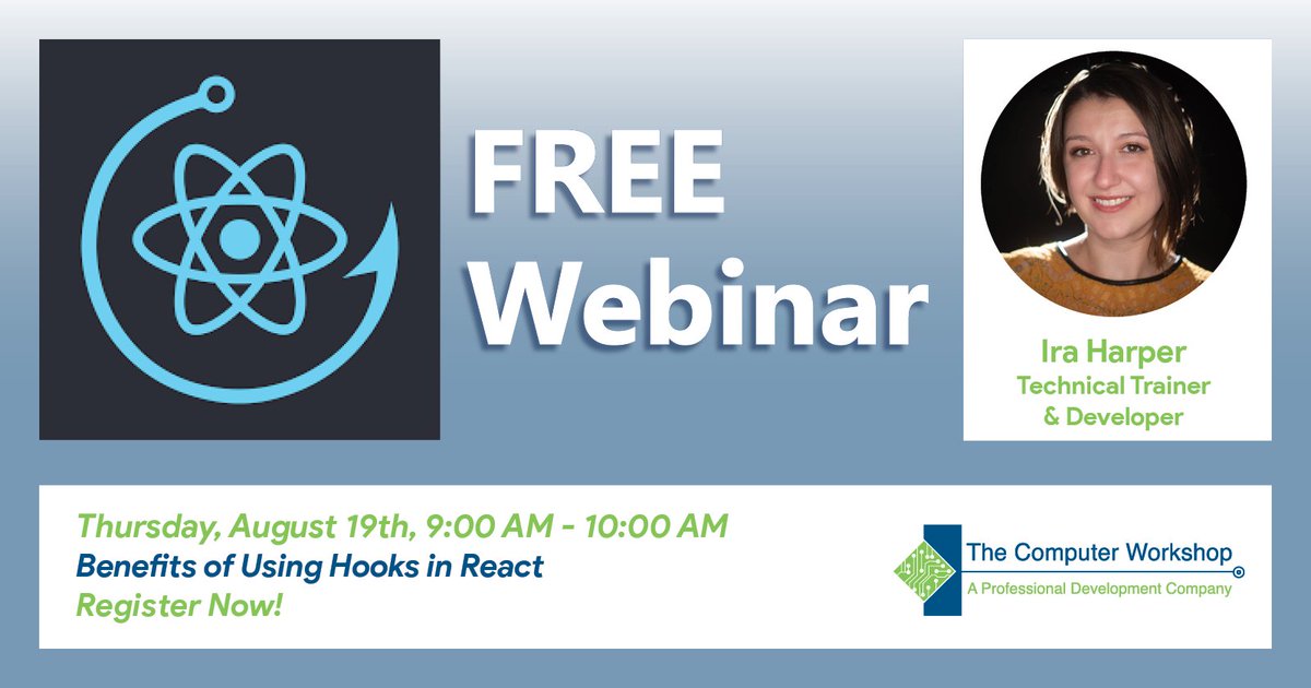 tcworkshop's tweet image. ow.ly/GoGG50FMEiR
We have a FREE webinar coming up covering how to use hooks in JS React! Join Ira, as she shares her expertise in programming and technical skills to show you the Benefits of Using Hooks in React. Register Now! #FREEwebinar #webinar #JSreact #tcworkshop
