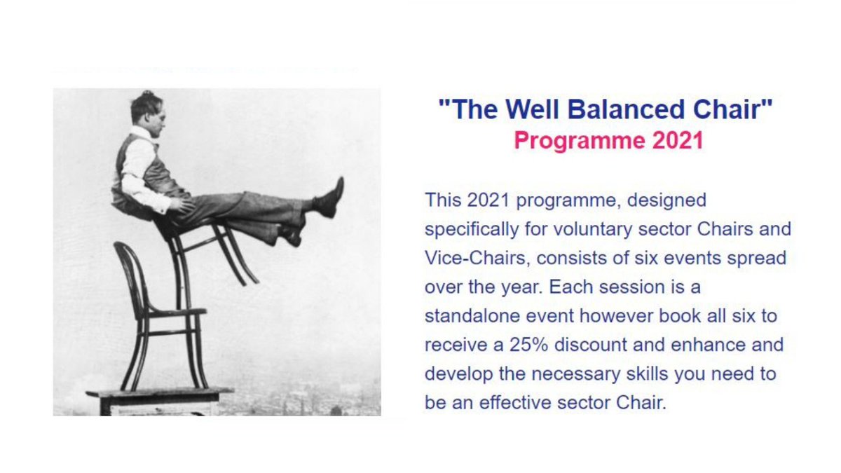 Join this 2021 programme, designed specifically for voluntary sector #Chairs and Vice-Chairs! Book all six sessions to receive a 25% discount and enhance &amp; develop the necessary skills you need to be an effective sector Chair.
📅 2 Sep - 17 Mar
➡️ eventbrite.co.uk/e/150761408431

@ACOSVO