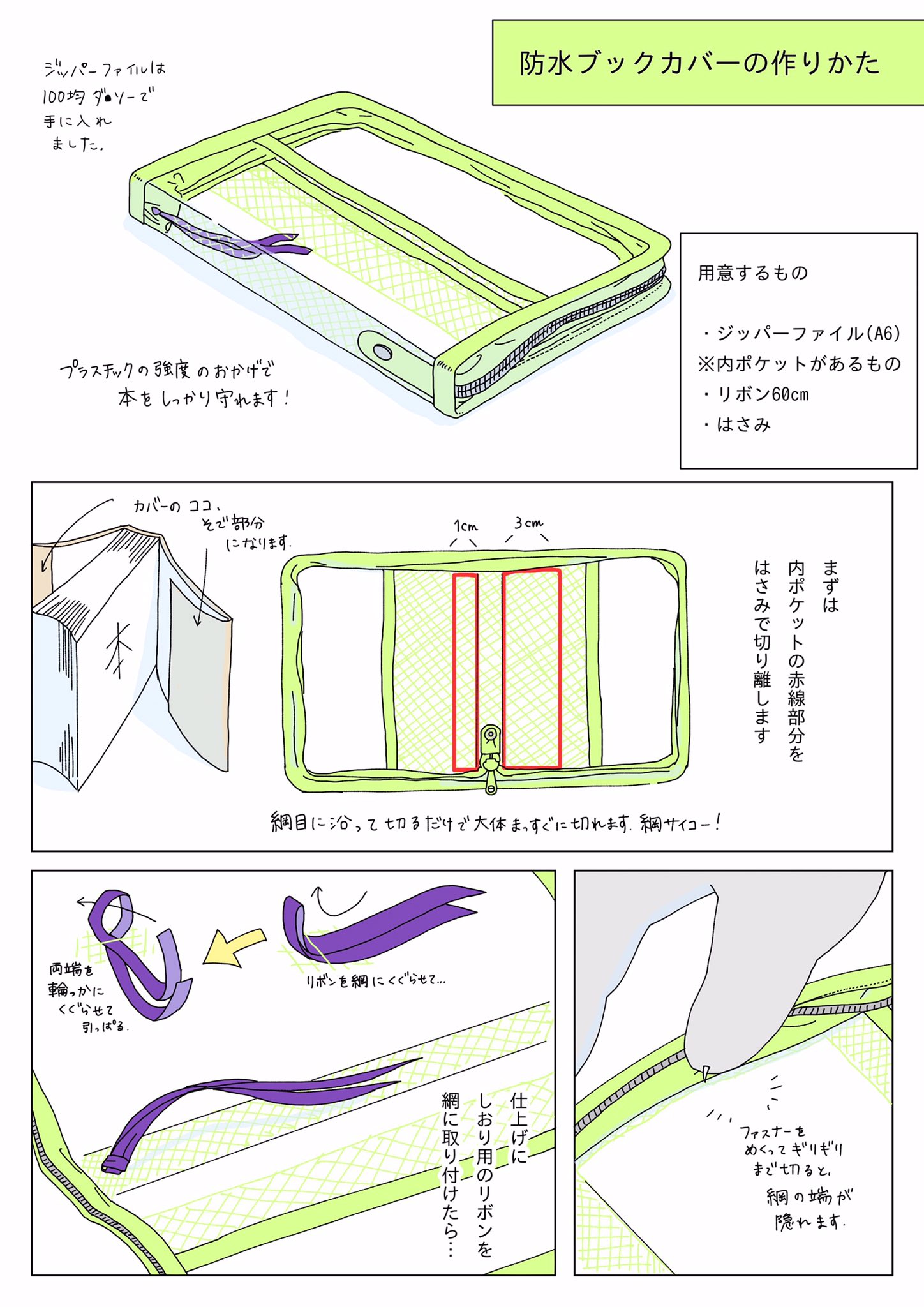 午後 防水ブックカバーの作り方 最近 水筒の水気から本を守るのに大活躍してくれているので 改めて詳しい作り方を描きました T Co Ryfi4qtrgz Twitter