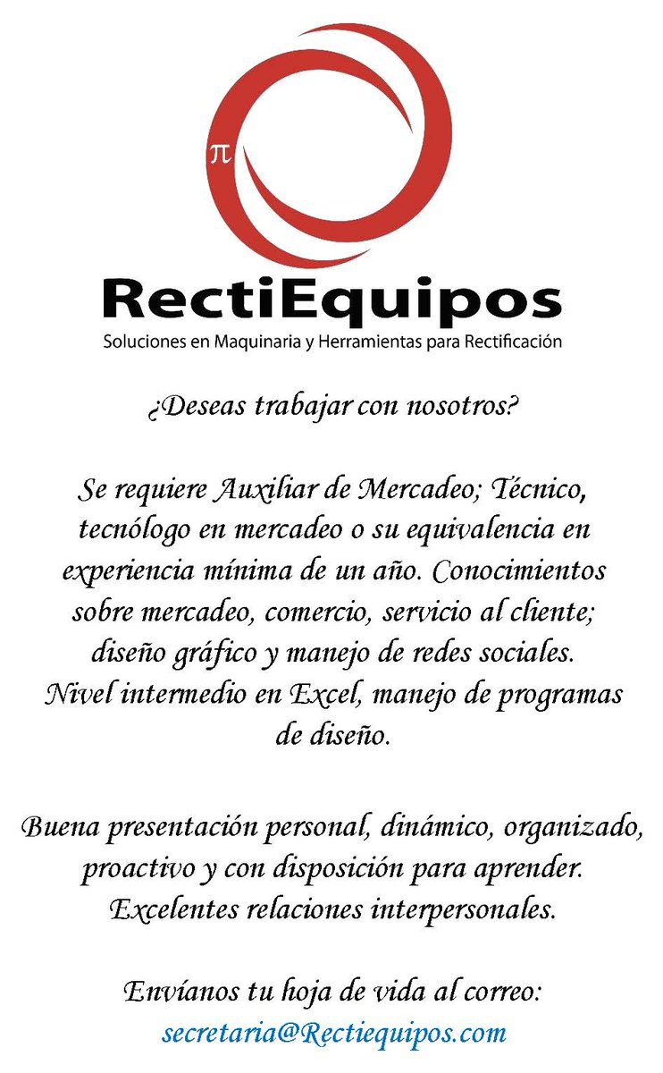 RectiequiposSAS's tweet photo. #ofertalaboralRectiequipos
Si quieres ser parte de nuestro equipo y cumples con el perfil, ésta es tu oportunidad, envíanos tu hoja de vida y participa en el proceso de selección. https://t.co/1fT2v5mJjt