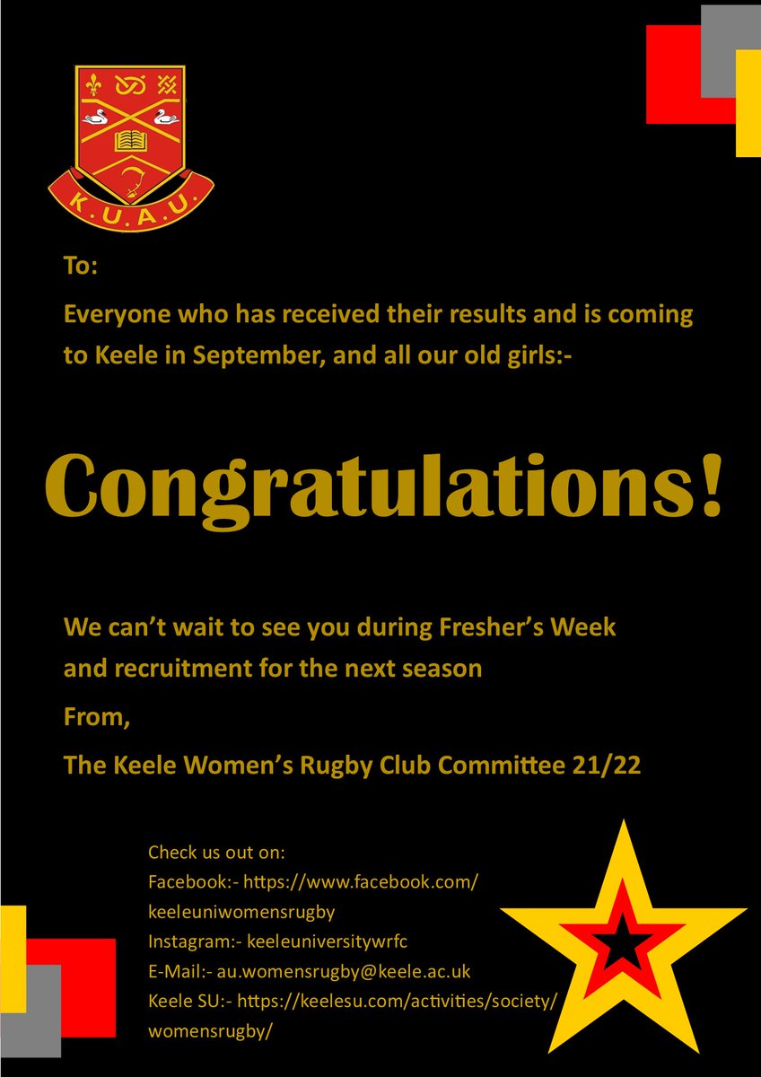 KeeleWomenRugby's tweet image. Congratulations to everyone getting their A Level and BTEC results today! We hope you get the results you wanted! 🥳😆🥳😆🥳 And we can't wait to see you in September! #alevels2021 #btecresults #keele #womensrugby