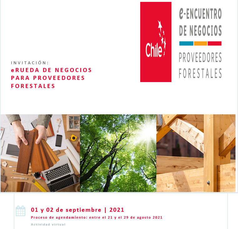 ProChile_Nuble's tweet photo. Atención para proveedores industria Forestal! @ProChile  y @cormachile lo invita a participar de la eRueda de Negocios a realizarse en el marco de la Semana de la Madera entre los días 1 y 2 de septiembre de 2021 en modalidad virtual. Postula aquí: https://t.co/0YvbCdbyMK https://t.co/jjoOmLAwcI