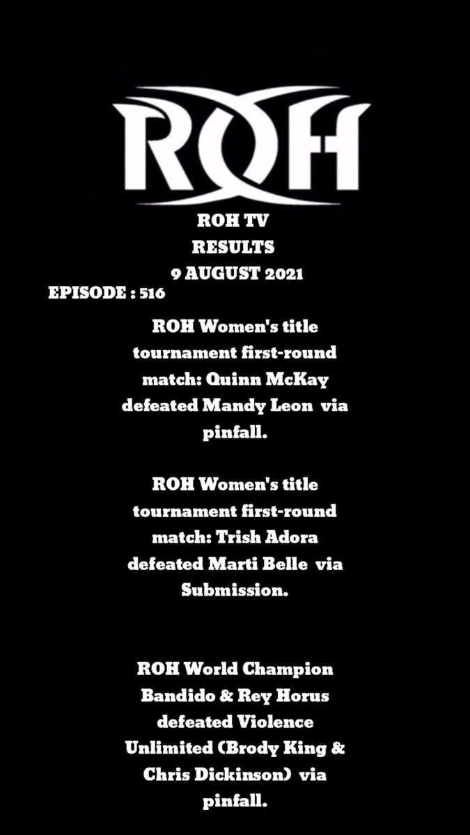 ProUnderrated's tweet photo. ROH TV
RESULTS
9 August 2021

#ROH #ROHWD #RingofHonor https://t.co/RSZsl0EGlo