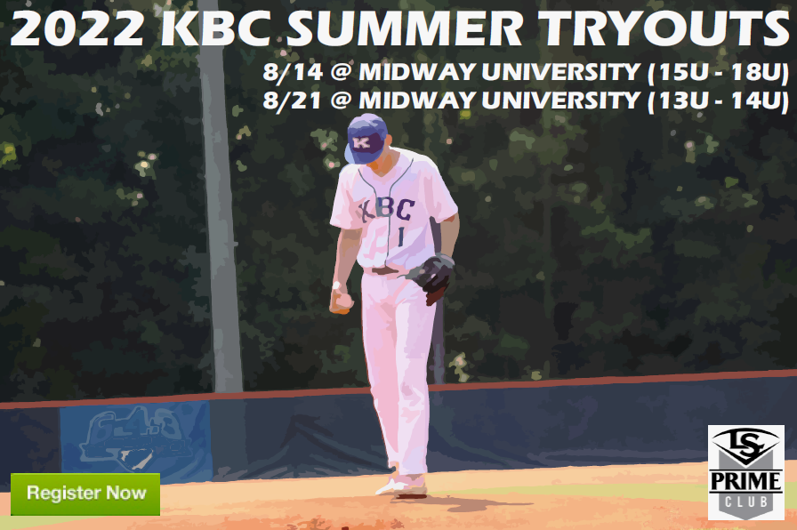 🚨 KBC 15U - 18U Summer Tryouts 🚨

Attention players and parents. Our 2022 summer tryouts start this weekend.  See below for info! 👇

🗓️ Saturday, August 14th
⌚️ 11:00am 
📍 <a href="/MidwayUBaseball/">Midway University Eagles Baseball</a> 
💻 Register online! 

tms.ezfacility.com/OnlineRegistra…